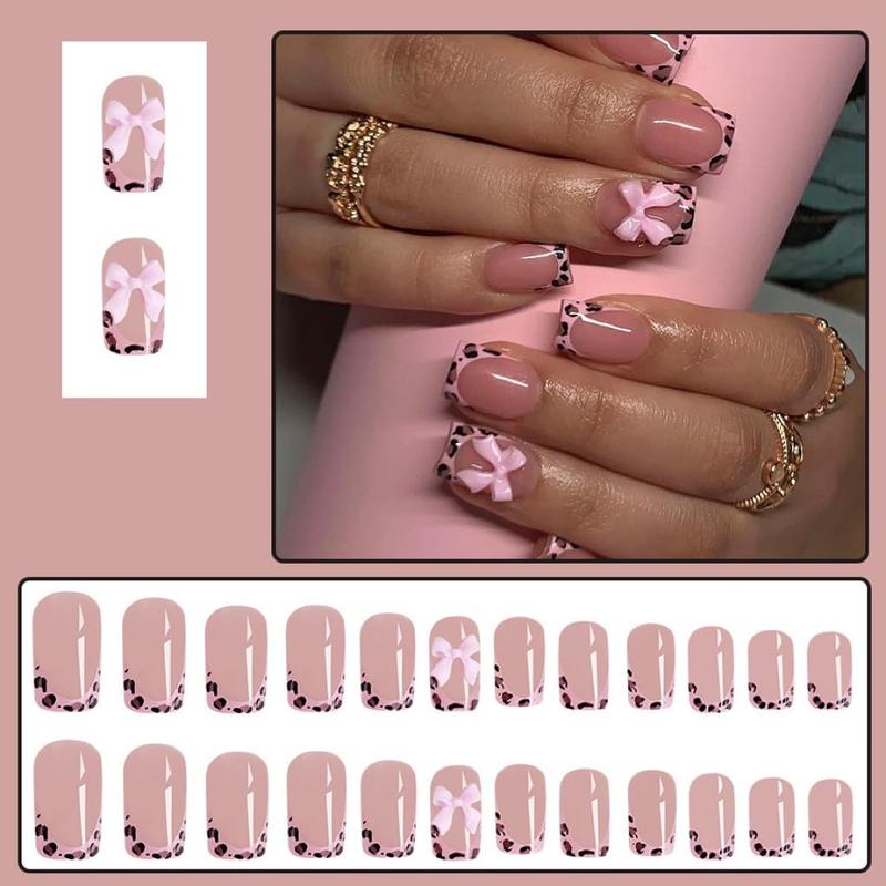 24 Pcs Short Press On Nails – Leopard French Tip with Pink Glossy Bow Design, Full Cover Glue-On False Nails for Women, New Year Gift Manicure Set