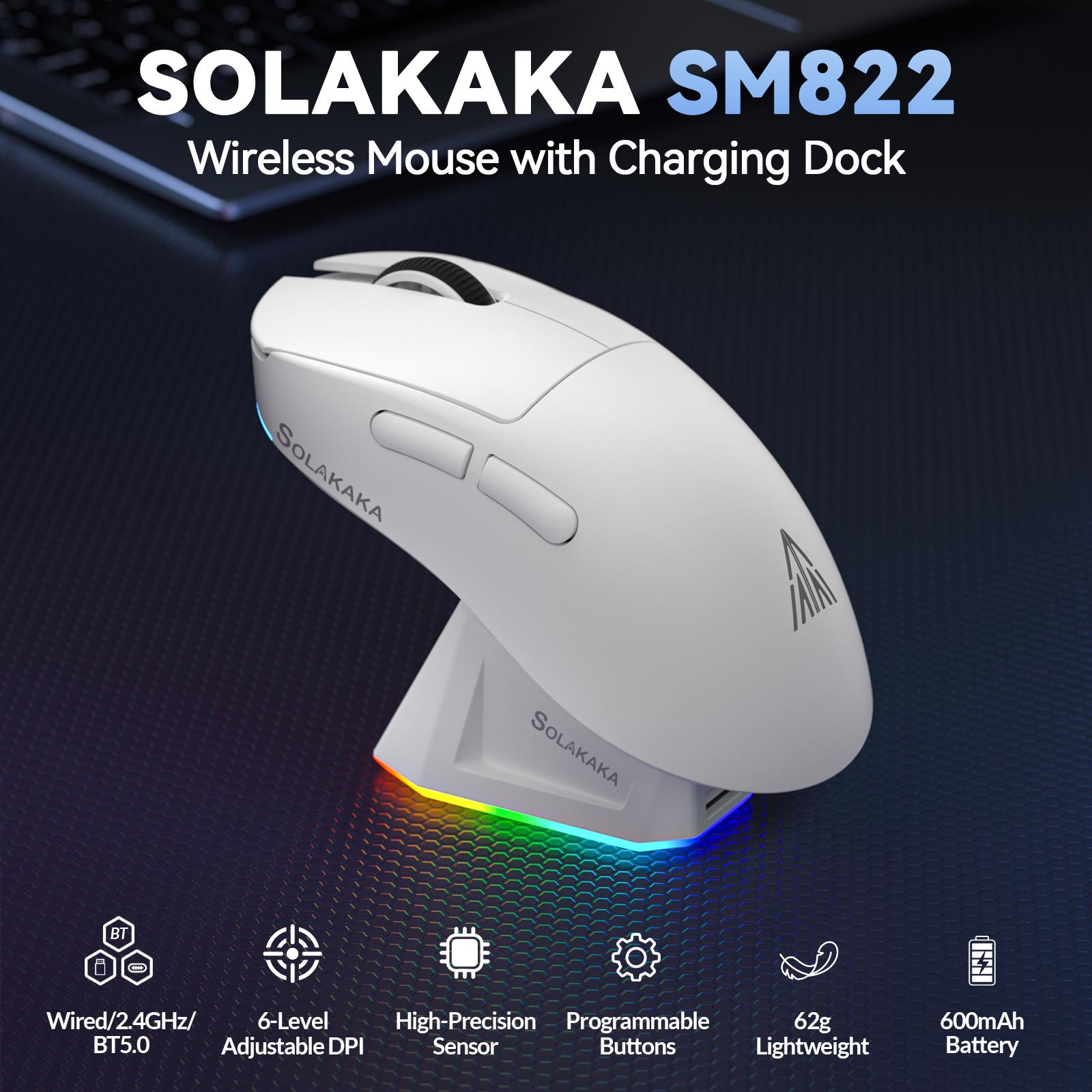 SOLAKAKA SM822 Tri-Mode Wireless Gaming  with RGB Charging Dock, 24000 DPI PAW3311 Sensor, 62g Ultra Lightweight Programmable  for PC Gamer gaming accessories