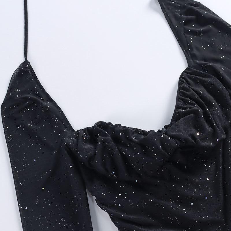 Holiday Haul Women's Glitter Contrast Mesh Long Sleeve Ruched Mini Bodycon Dress with Square Neck Lettuce Trim for Party Dinner Elegant Casual Dress black  wednesday  outfit shine  dress Strapless Ruffle Hem Dress plain backless