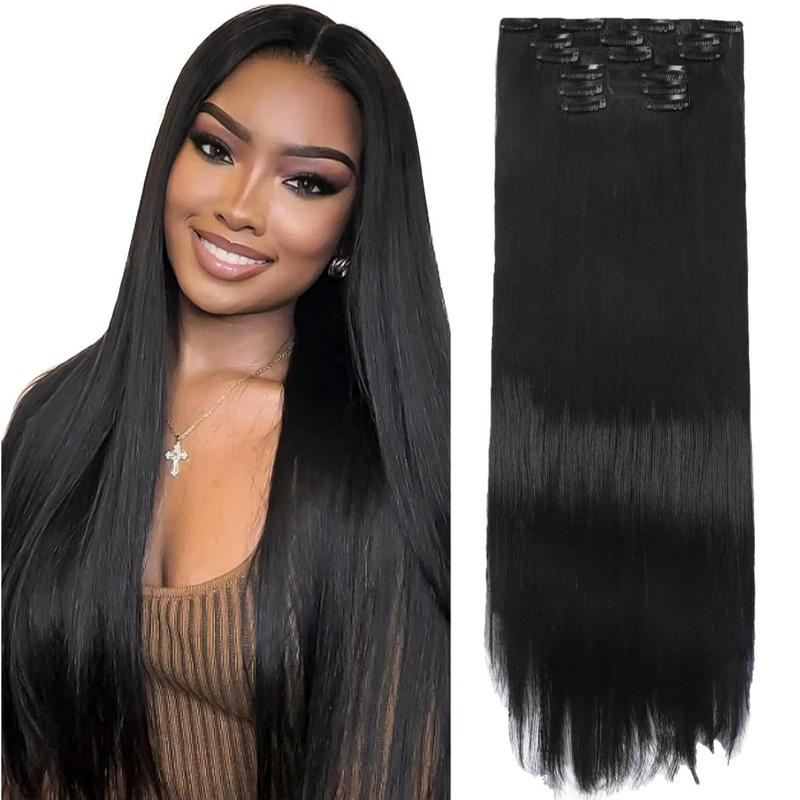 Clip in Hair Extensions Straight 24 Inch Long Invisible Synthetic Extension 6PCS Thick Fake Heat Resistant Clips on Hairpieces for Women Weddings Party Daily Use 5.29 Oz full head coverage instant volume synthetic hairpiece
