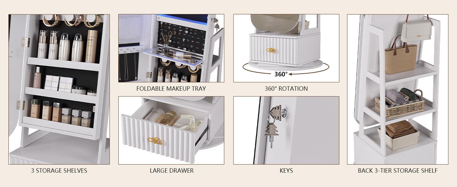 Miuvanity 5-in-1 360 Swivel Jewelry Cabinet with LED Light,Lockable Jewelry Mirror Cabinet,Standing Jewelry Armoire,Frameless Full-Length Mirror,3 Storage Shelves Gift Idea Decor,Mirror with storage Miuvanity 5-in-1 360 Swivel Jewelry Cabinet with LED Light,Lockable Jewelry Mirror Cabinet,Standing Jewelry Armoire,Frameless Full-Length Mirror,3 Storage Shelves Gift Idea Decor,Mirror with storage