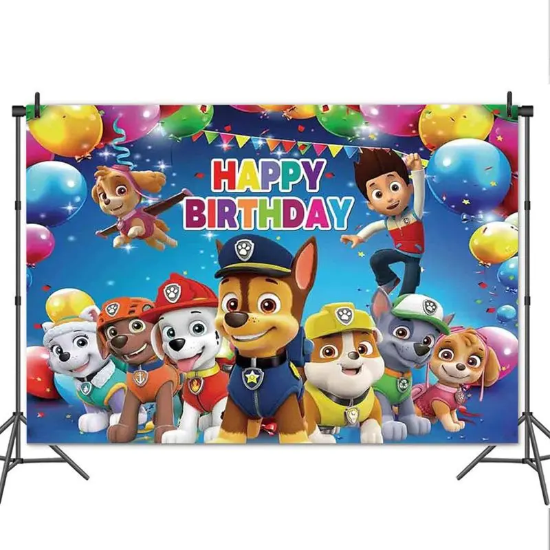 Paw Patrol Themed Happy Birthday Backdrop Banner for Kids' Party Decor, Animal Character & Balloon Decor Design, Large Lightweight High-Quality Material, Easy Installation, Ideal for Outdoor Anniversary Gifts - Photo Prop