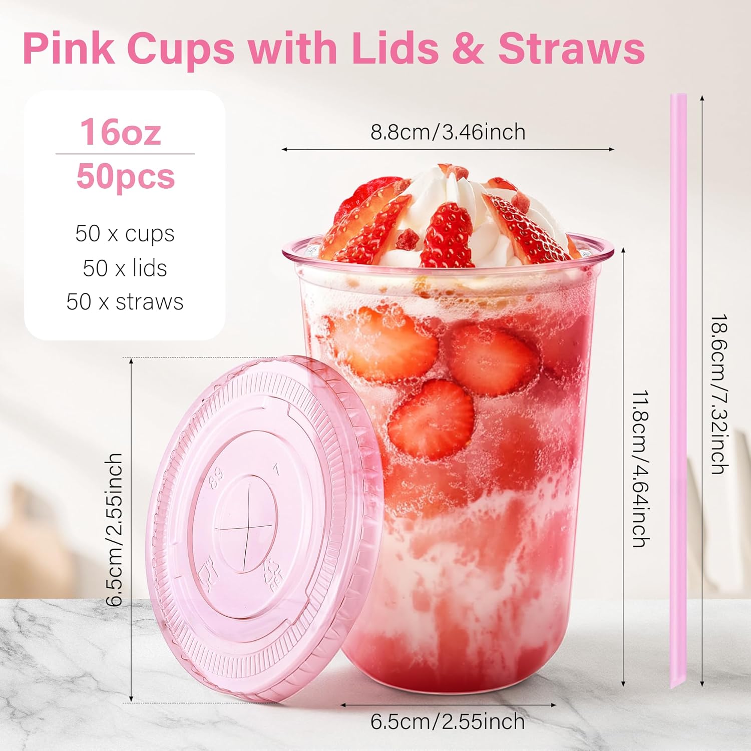 Valentine's Day 50Pack 12oz/16oz Pink Plastic Party Cups with Lids and Straws,Disposable Iced Coffee Cup with Lids,Round Bottom Drinking Cups for Birthday Wedding Valentine's Galentine's Bachelorette Party