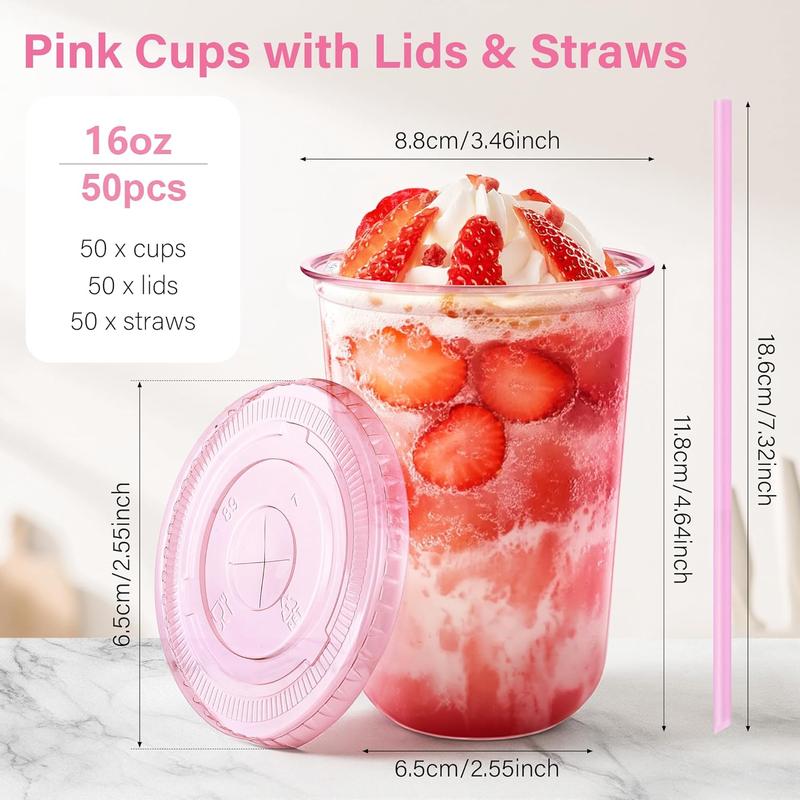 Valentine's Day 50Pack 12oz/16oz Pink Plastic Party Cups with Lids and Straws,Disposable Iced Coffee Cup with Lids,Round Bottom Drinking Cups for Birthday Wedding Valentine's Galentine's Bachelorette Party
