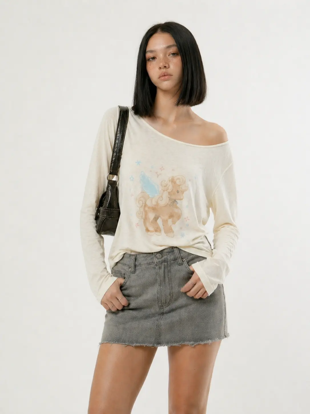 Aelfric Eden Angel Pony Long Sleeve Tee Asymmetrical Neckline Angel Pony Graphic Soft Lightweight Knit Fabric Y2K Cute Casual Streetwear Women Top,clothes for back to school,first day of school outfits