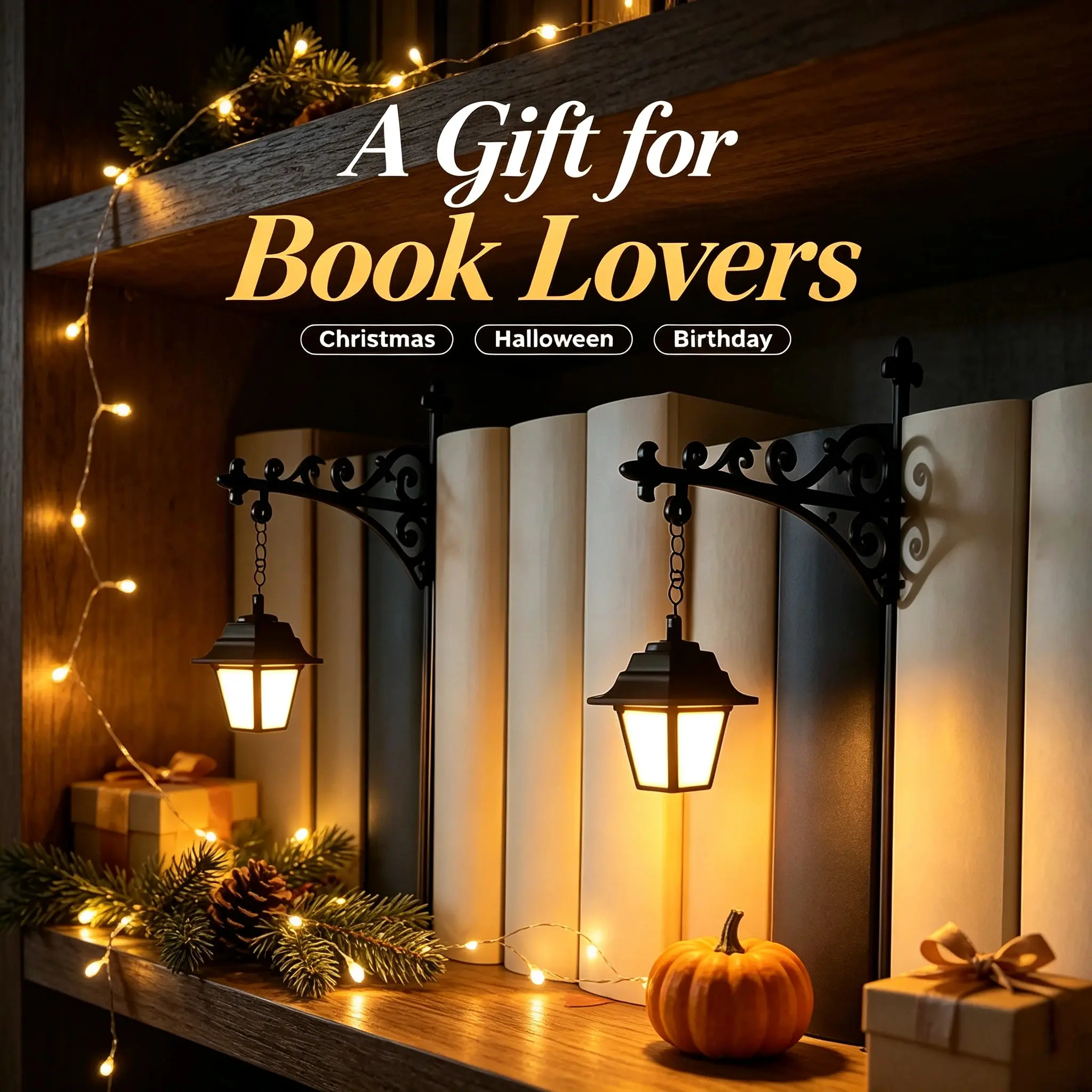 Library Lantern Bookshelf Lamp, Vintage Hanging LED Shelf Light with Bookend-Style Base, Halloween decorations Warm Decorative Reading Nook Lamp for Home Library, Study Corner, Bookworms & Book Lovers Gift