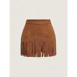 Women's Vintage Hippie Rivet Fringe Faux Leather A-Line Skirt, Retro Style, Casual Fashion, All Seasons Wear（gift）