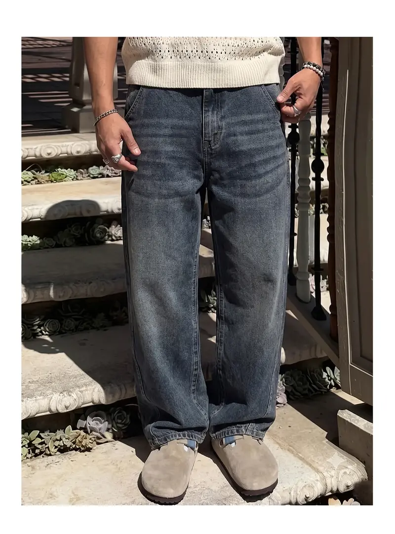 2-pack men’s long pants, men’s jeans, men’s cotton-blend jeans, loose straight wide-leg jeans.Retro washed design, available in multiple colors, suitable for everyday casual wear, school commuting, short trips, and holiday gatherings—ideal for a variety