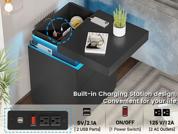 Sikaic Modern Nightstand with LED Lights & Charging Station Black 15.8"D x 17.7"W x 26.8"H Sliding Top Drawers for Bedroom & Living Room