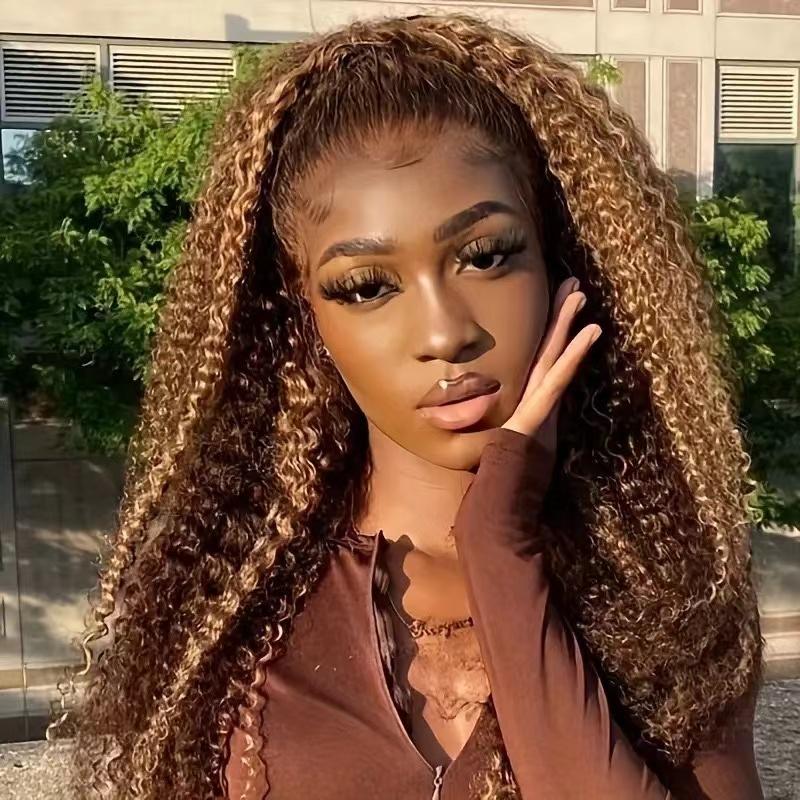 High temperature artificial wig deep curly, Afro kinky curly |Synthetic wig 150% Density 13x4 Lace Front wig High lights 13x4 Curly lace Front wig Honey Blonde Deep Wave T Section Front wig