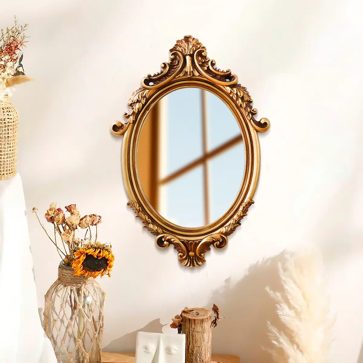 Classical Pattern Oval Wall Mirror, European Style Home Decor Art Hanging Piece, Creative Makeup Mirror for Photography Props, Home Decorative Mirror, Elegant Decorative Mirror, Wall Mirrors Decorative