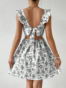 Floral Bow Tie Back Ruffle Trim Dress For Summer Vacation Vacation Beach Outfits Women