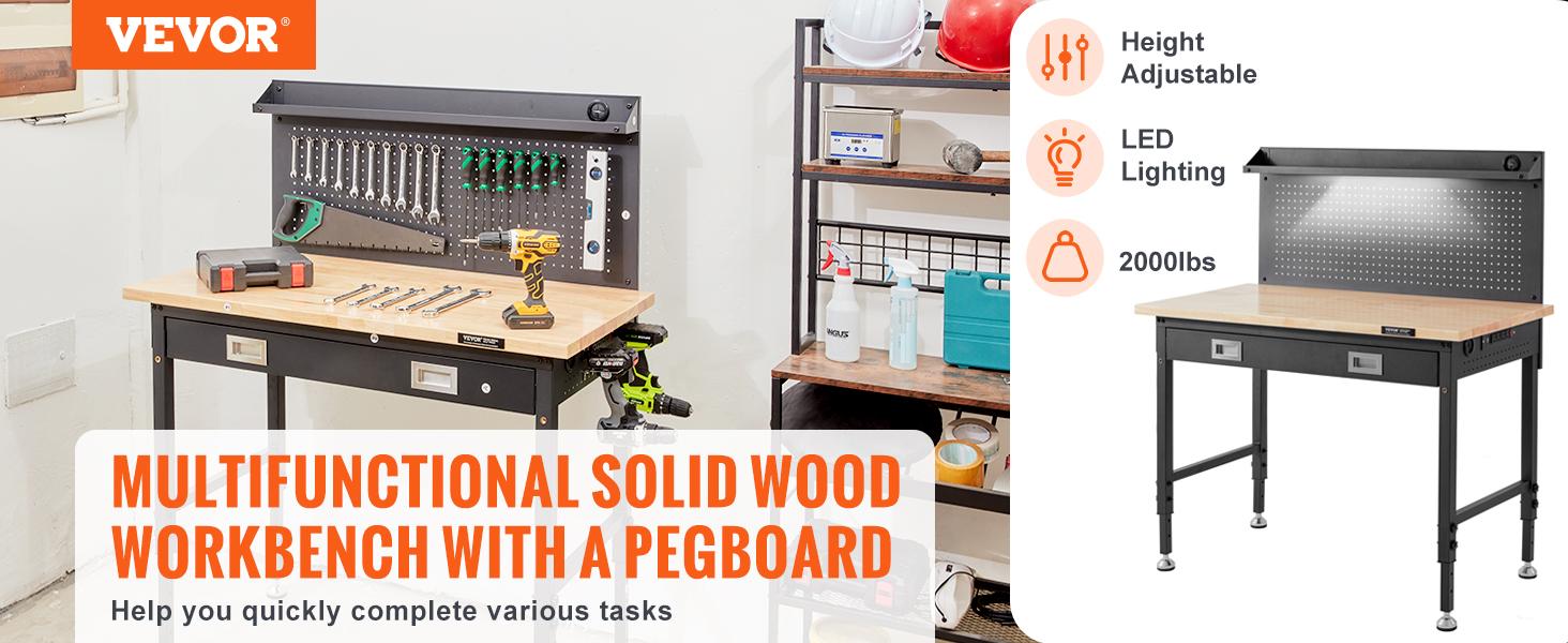 VEVOR Workbench Adjustable Height 28-39.5" Work Bench For Garage Oak Plank & Carbon Steel Heavy Duty Workbench 2000lbs Weight Capacity Bench top Size 48x24" Hardwood Workbench 3m Cable 30 Hooks