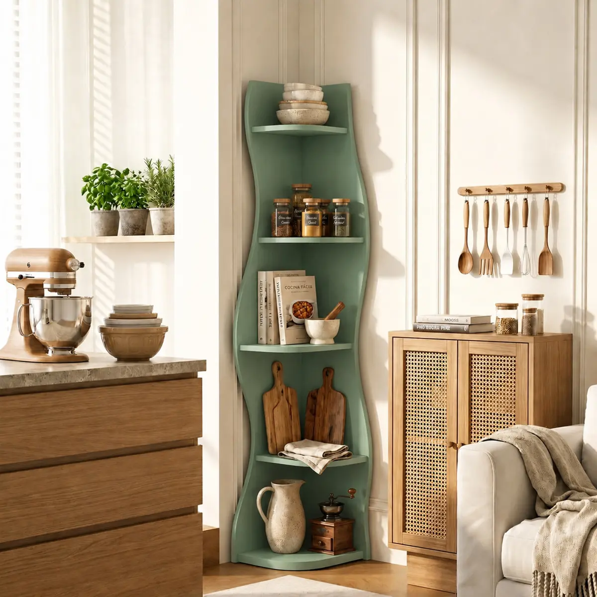 5-Tier Green Wavy Corner Shelf - Sturdy Engineered Wood Curved S-Shaped Modern Single Unit Freestanding Bookshelf with Base, for Living Room Small Space, Plant Display Rack (Back to School Shopping, Decor, Room Decor)