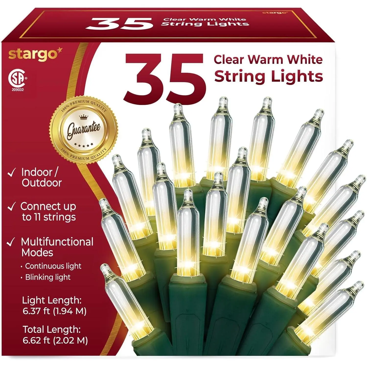 Clear Warm White Christmas Tree Lights - 6.3 ft String of 35 Incandescent Mini Bulbs Multifunctional Lighting Modes, for Decorative, Bedroom, Outdoor, Xmas Twinkle Lights with Green Wire Total 6.6 ft