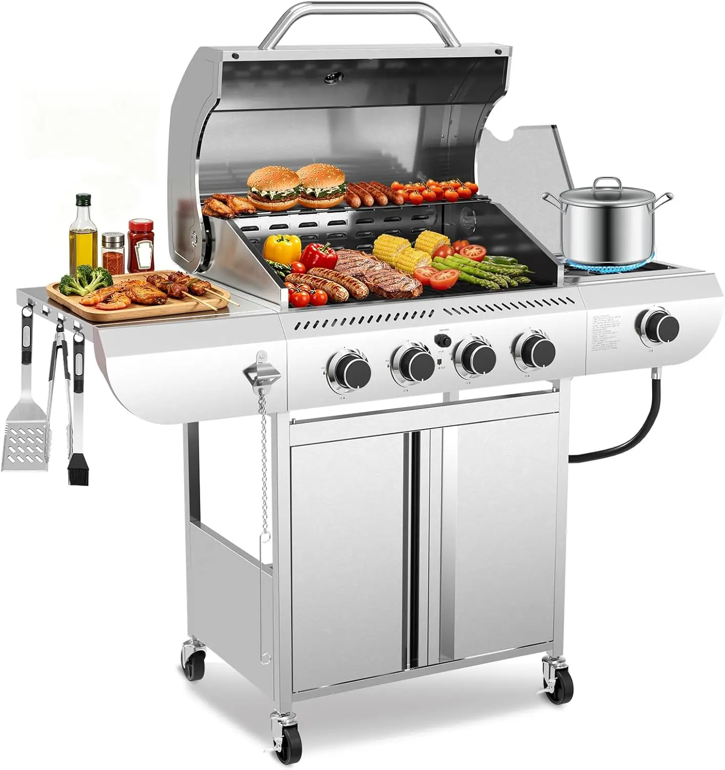 4-Burner Propane Gas Barbecue Stove - 42,000 BTU Stainless Steel Outdoor Grill with 10,000 BTU Side Burner, 530 Sq. In. Cooking Area, Cast Iron Griddle, Enamel Grates, Cabinet Storage, Rapid Even Heating for Patio, Deck Ultimate Outdoor Kitchen