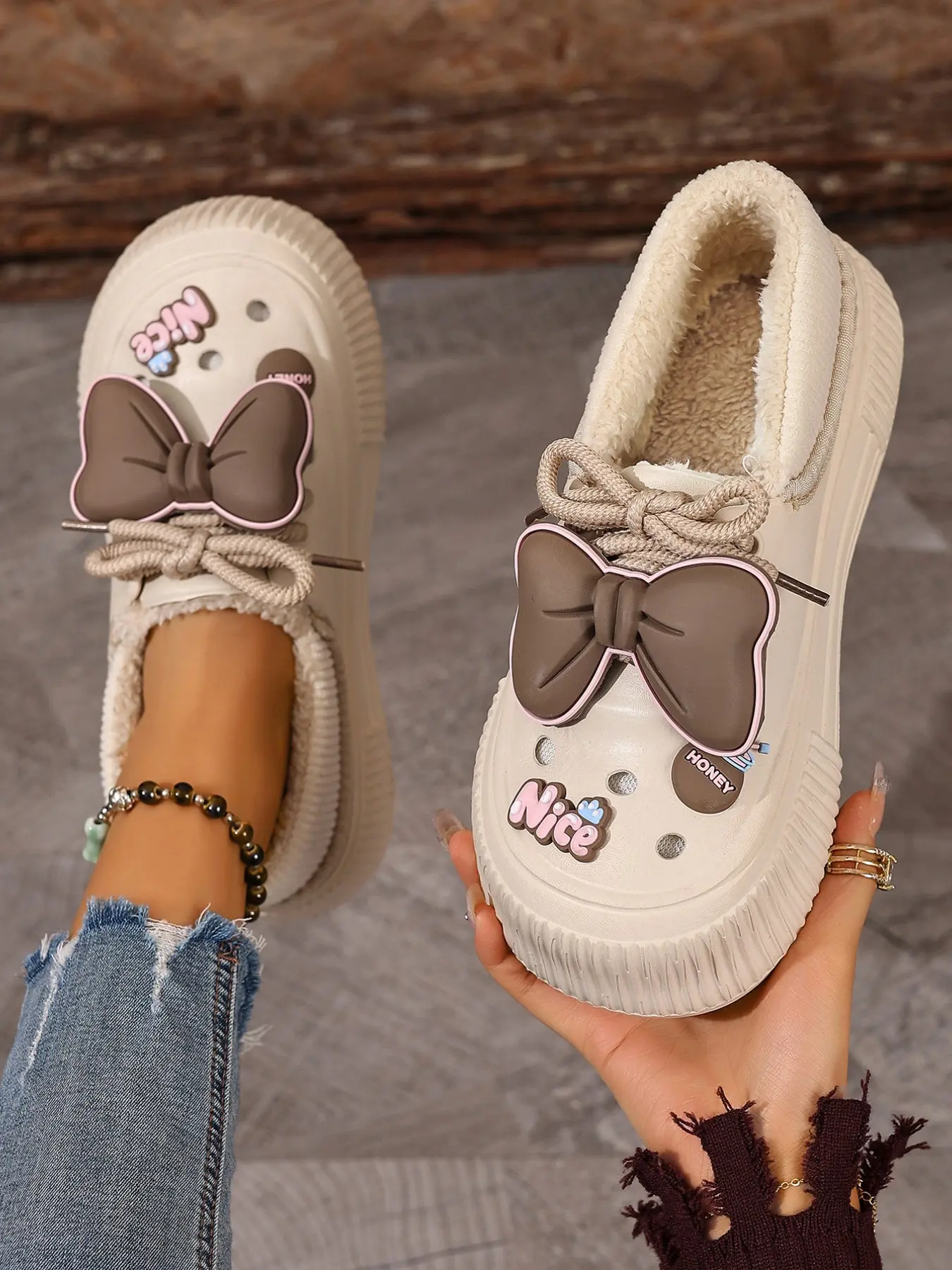 Women's Plus Size Winter Plush Fuzzy Warm Soft Slippers, Indoor Cozy Silent Home Slippers with Cute Bowknot, Casual Shoes, Soft Fluffy Footwear, Fuzzy House Slippers