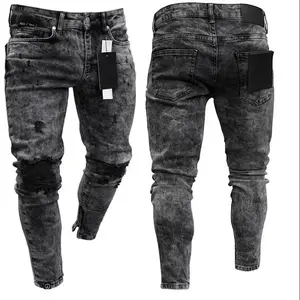 Jeans Men's Distressed Stretch Ripped Biker Jeans Men Hip Hop Slim Fit Holes Punk Jeans Zipper Pure Color Denim PantsGift