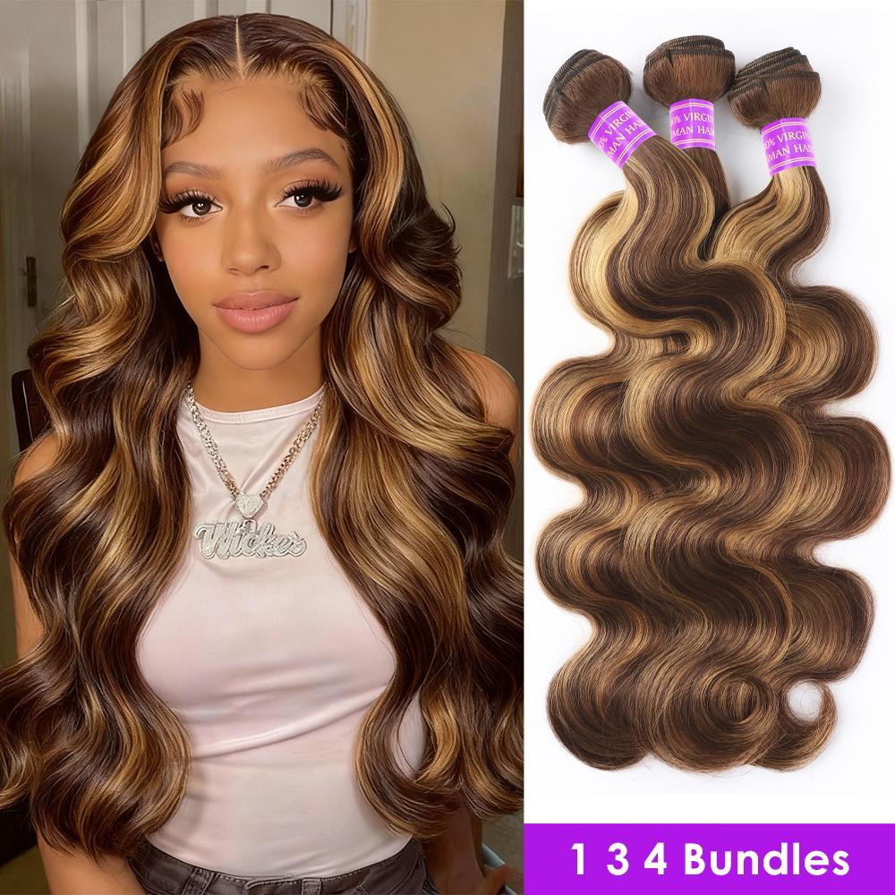 FB 30 Brown Highlight Human Hair Bundles P4 27 Highlight Body Wave Bundles Ombre Colored Remy Human Hair Extentions For Women Curly Hair Extensions Sew In Hair #Summervibes