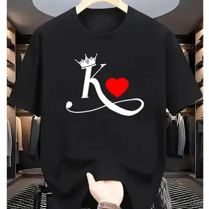 Men's Valentine's Day T-Shirt – White Short Sleeve with "K" Crown & Heart Graphic, Round Neck Casual Love Gift #       LoveGift,Unisex Crewneck T-shirt for Men And Women