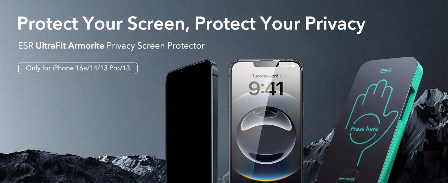ESR 3 Pack for iPhone 17e/iPhone 16e/ iPhone 14/ iPhone 13/ iPhone 13 Pro Privacy Screen Protector, Military Grade Shatterproof, 9H Hardness, Anti-spy Tempered Glass with UltraFit Tray