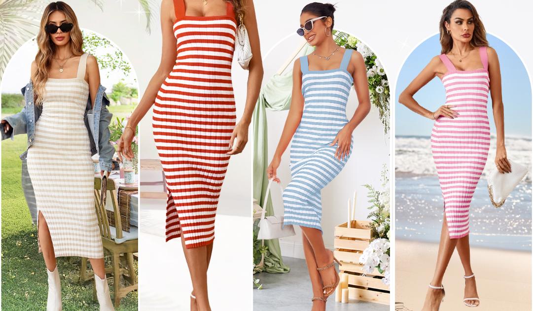 MEROKEETY Women's 2026 Summer Bodycon Midi Dress Vacation Sleeveless Striped Ribbed Knit Sweater Dresses