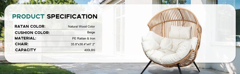 Walsunny Outdoor & Indoor Egg Rocking Chair, 450Lbs Load Capacity Open Wicker Rattan Patio Chair, Oversized Lounger Chair with Cushion Basket for Bedroom, Balcony, Backyard