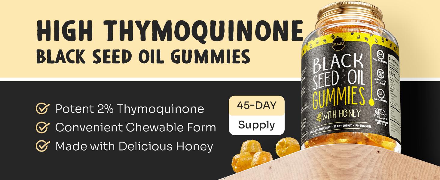MAJU Black Seed Oil Gummies with Honey 90ct Natural Vitamin Optimum for Hair Skin Nails Gut Gummy Supplement 250mg per Gummy 45 Day Supply Edible Healthcare Dietary