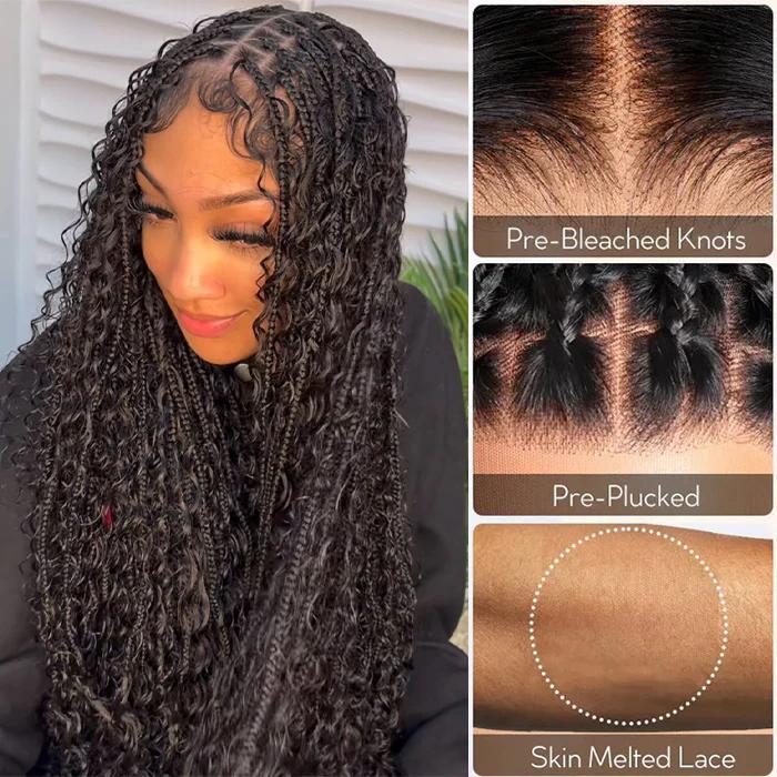 Pull Go Drawstring Cap 13x6 HD Full Lace Frontal Knotless Boho Curls Braided Wigs Human Hair Pre Cut Lace