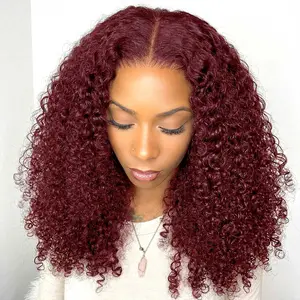 OQ HAIR 99j Burgundy Kinky Curly Glueless Wigs Human Hair Pre Plucked Pre Cut 7X5 Lace Closure Human Hair Curly 180% Density Lace Front Wigs