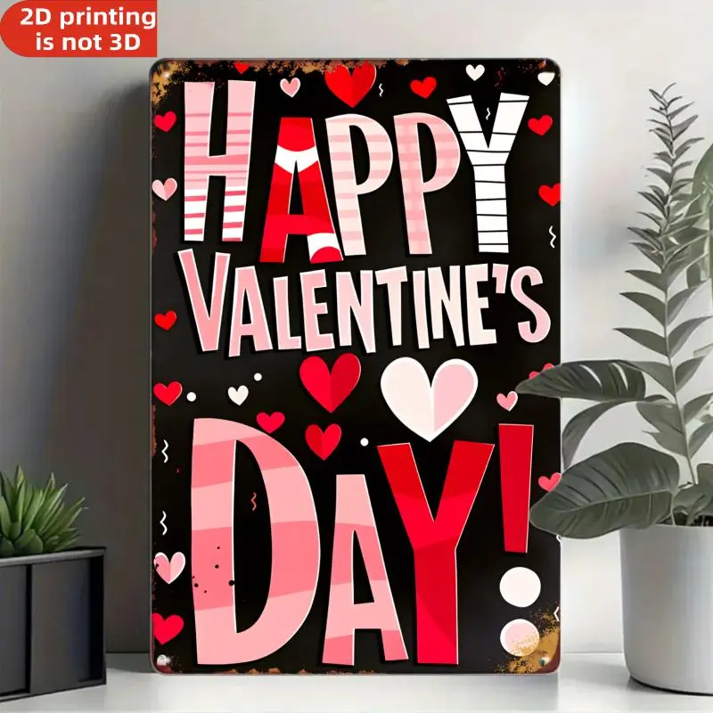 2D Flat Vintage Valentine's Day Metal Wall Decor Happy Valentine's Sign with Red & Pink Hearts,Durable Iron Construction Suitable for Indoor/Outdoor - 8x12 Inches Wedding, Anniversary, Valentine's