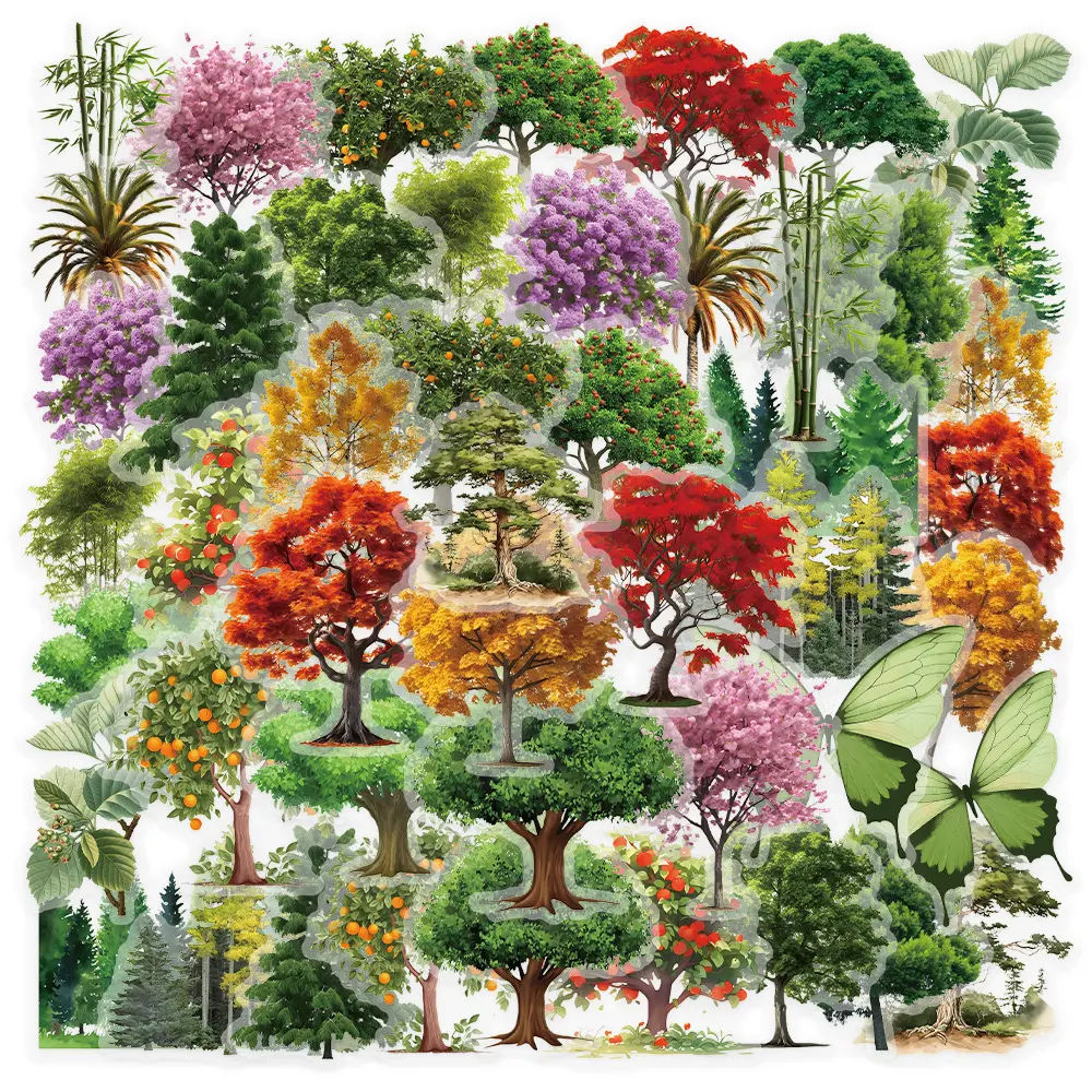 Transparent PET Tree Stickers, Multicolor Seasonal Forest Plant Ephemera Stickers, Clear Floral Bamboo Maple Leaf Greenery Decorative Stickers