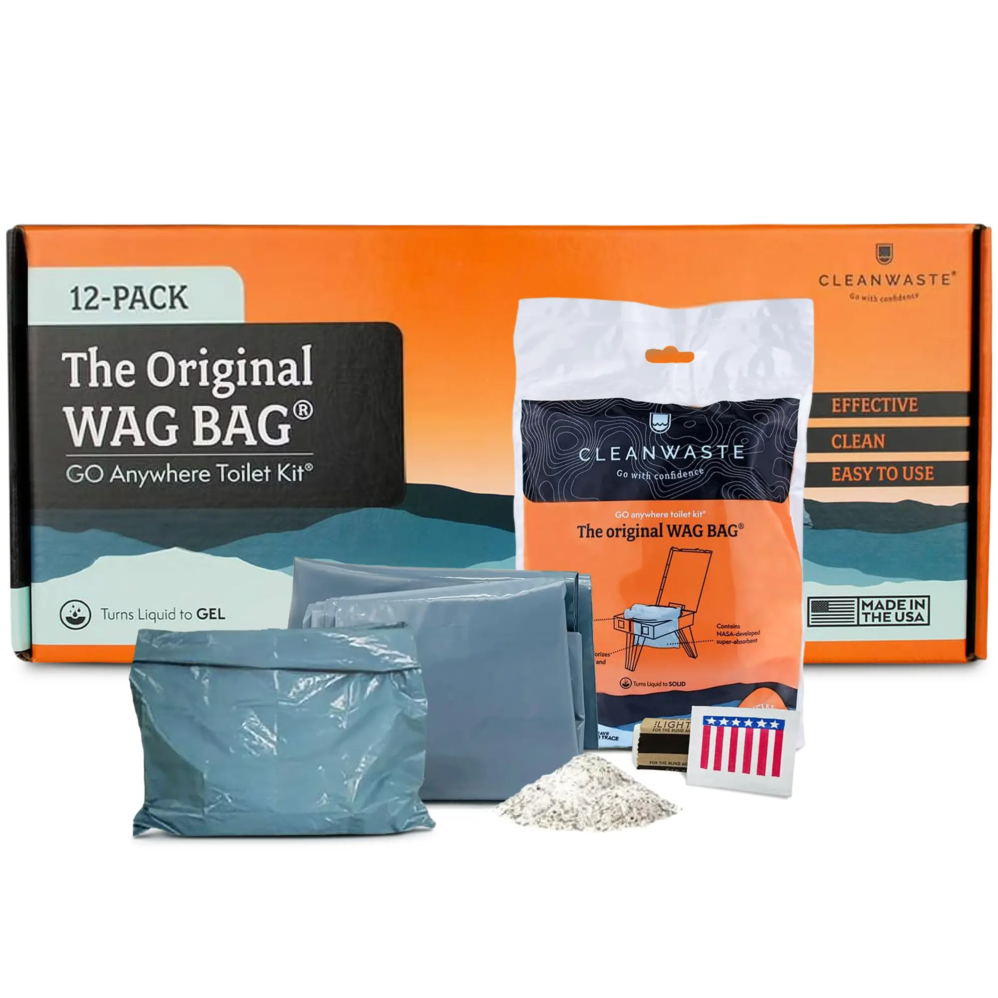 Portable Toilet Bags for Camping & Emergency - 12 Pack WAG Bag Kits with NASA Poo Powder, Toilet Paper & Wipes - Turns Waste to Gel, Odor & Leak Proof, Hurricane / Power Outage Ready - Cleanwaste