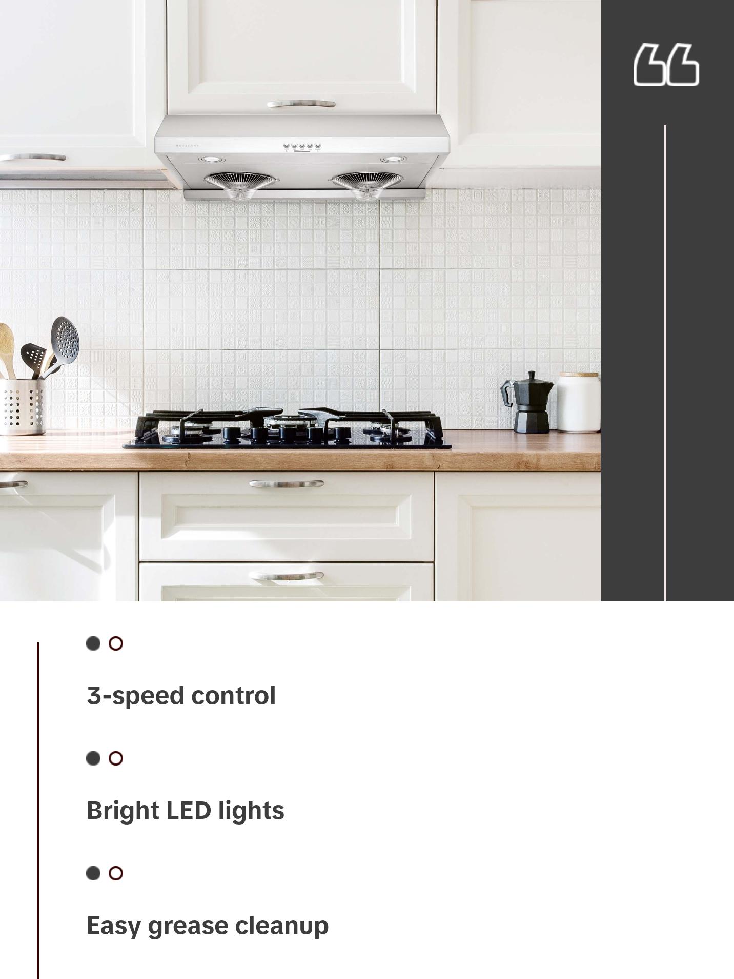 Hauslane | Chef Series Range Hood C100 30" Under Cabinet Kitchen Extractor | Stainless Steel Electric Stove Ventilator | 3 Speed Settings | Energy Efficient LED Lamps | Fits 6 Inch Round Ducts