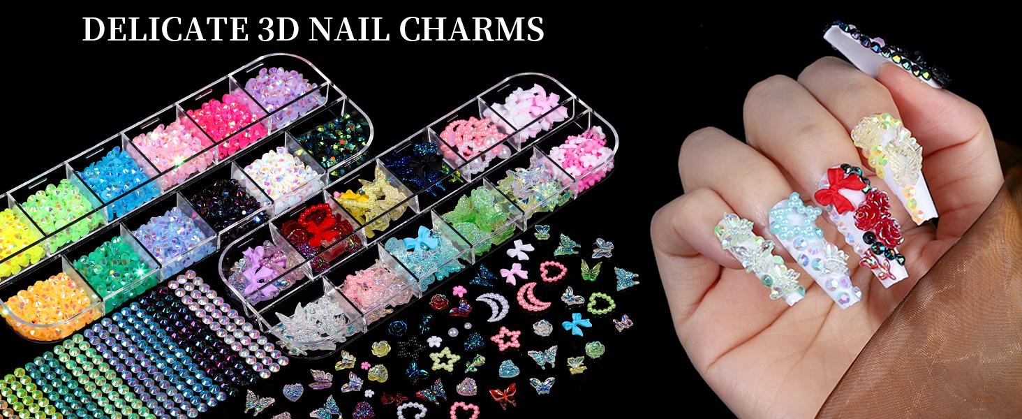 Nail Rhinestones Kit with 8 Boxes of Nail Gems, Nail Charms, 3D Charms for Nails, Colorful Clear Flatback Rhinestones, Charms Y2K for Nails, Multi Shape Pearls Jewels for Crafts