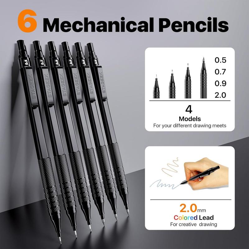 35Pcs Art Mechanical Pencil Set with Case, 0.5 0.7 0.9 2.0 Graphite Metal Drawing Drafting Pencils, Sharpener Erasers 384PCS Lead Refills (6B 4B 2B HB 2H 4H Colors)Pencils for Writing Sketching,Black