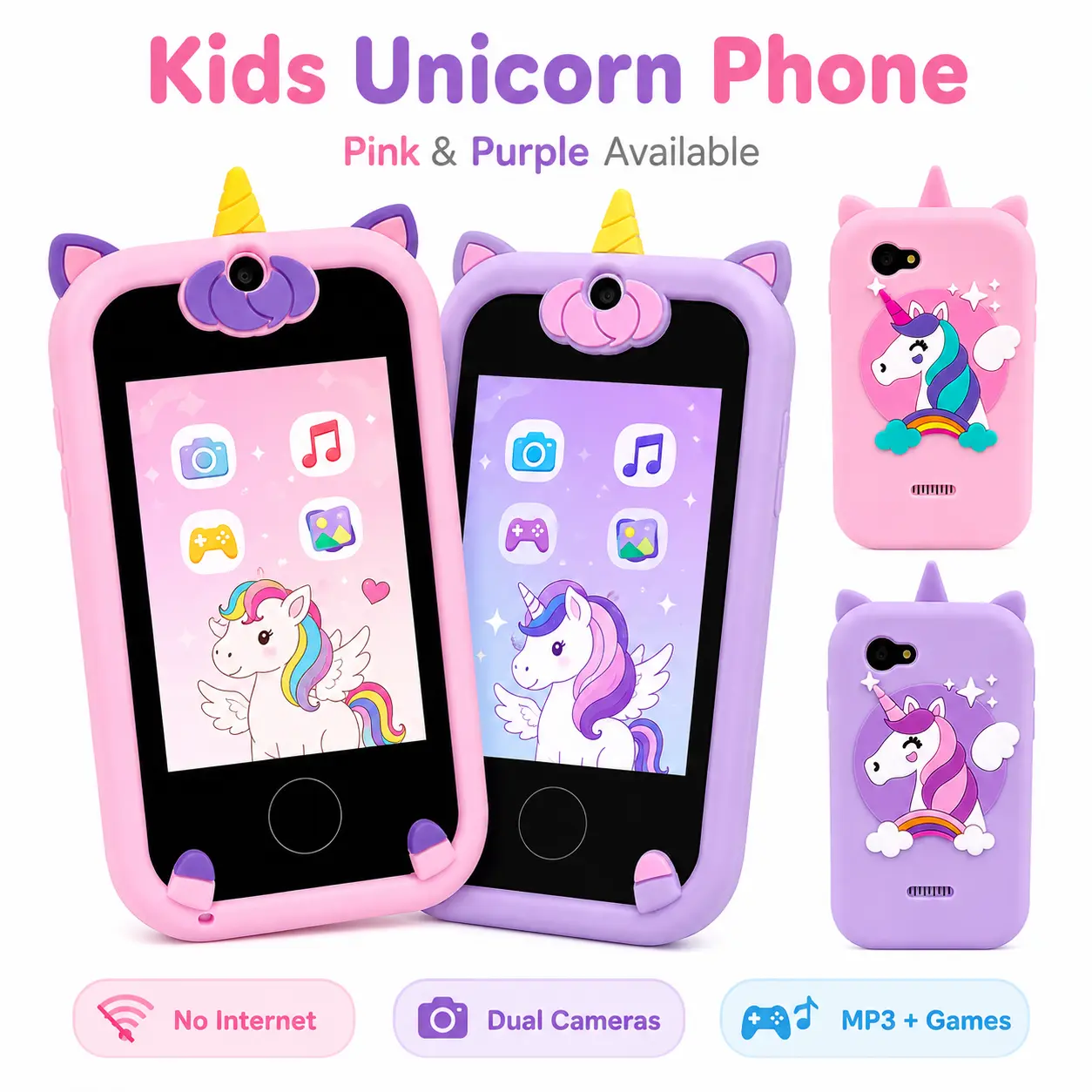 Unicorn-Themed Unisex Kids' Toy Mobile Phone - Touchscreen with Camera, Mini Games on Tap, MP3 Player, Developmental Parent Time Control Toy for 3-6 Years Old