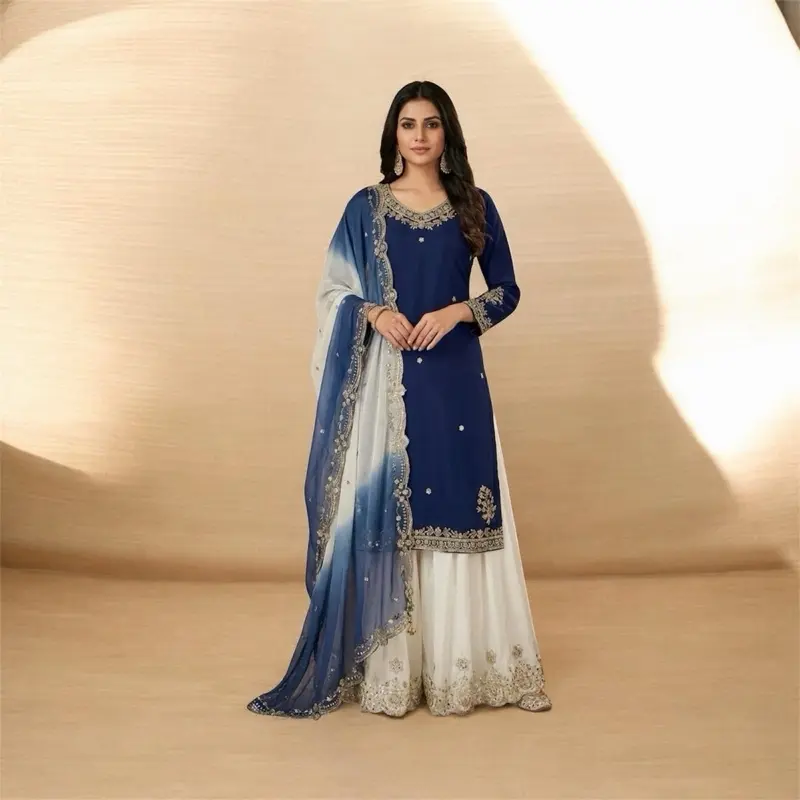 Women's Soft Simple Elegant Crape French Silk Garra Set Formal Party Wear Clothes, Lightweight, Blue and White Design, Comfortable