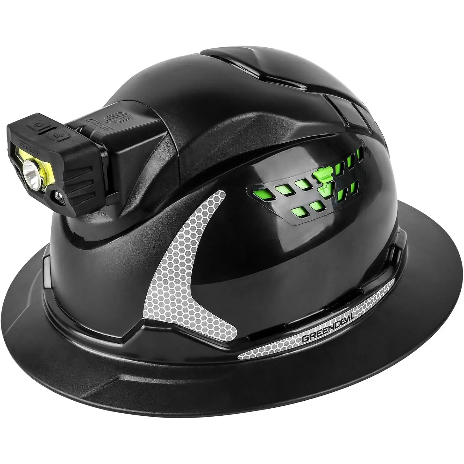 Vented Full Brim HDPE Hard Hat (0.8kg) for Construction Workers, Hi-Viz Reflective Strips, 6-Point Adjustable Suspension & Strap, Integrated Headlamp Mount, Moisture-Absorbing Sweatband, Job-Site Ready Versatility