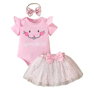 Newborn Baby Girl My 1st Easter Outfit Short Sleeve Letter Romper Tulle Tutu Skirt Headband 3Pcs Clothes Set
