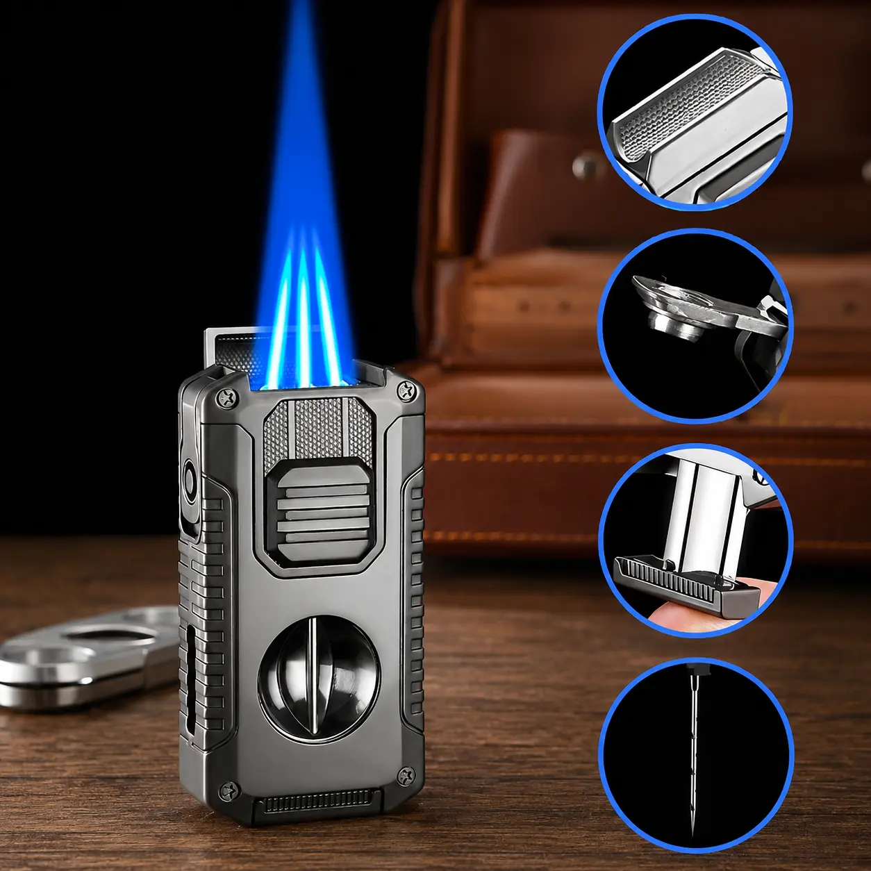 (Fuel Not Included) 5-in-1 Metal Torch Lighter, Refillable Triple Jet Blue Flame Windproof Lighter with V-Cutter, Punch, Draw Enhancer, Anti-Dust Placeable Lid Holder & Visible Capacity, Zinc Alloy (1pc)
