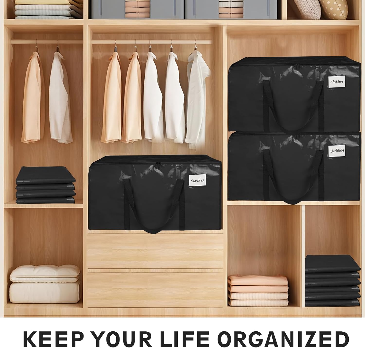 4-Pack Classic Heavy-Duty Organiser Bags, Waterproof Foldable Storage Totes with Handles & Zippers, 4-Set Home Organizers for College Dorm Daily Use (Black)