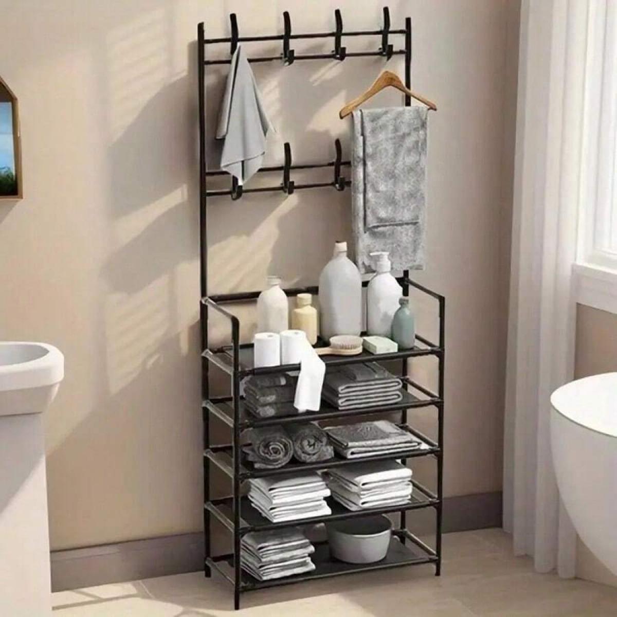 A 5-Tier Coat And Shoe Rack Combo with 8 Hooks, Suitable for Entryways, This Shoe Rack Features a Double-Row Storage Design for Homes, Bedrooms, And Offices. It Is a Freestanding Organizer That Can Hold Shoes, Clothes, Hats, And Bags