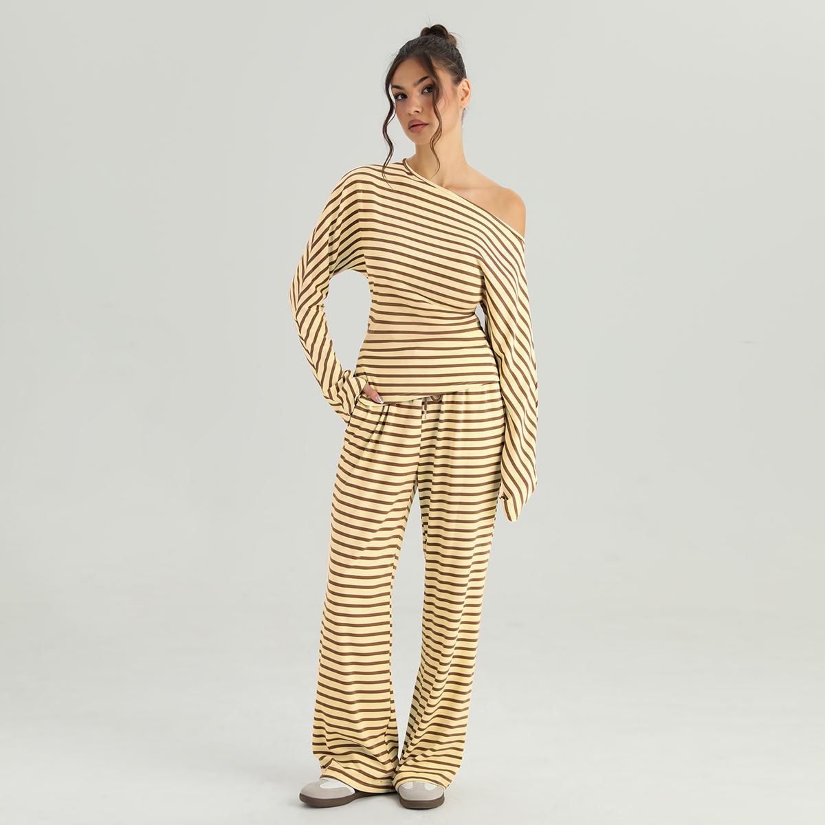 KatchMe Women's Versatile Sloping Shoulder Stripe Long Sleeve Top & Drawstring Waist Loose Trousers Co-ord, Comfort Basic Two Piece Outfits KatchMe Women's Versatile Sloping Shoulder Stripe Long Sleeve Top & Drawstring Waist Loose Trousers Co-ord, Comfort Basic Two Piece Outfits