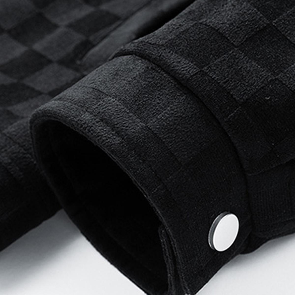 Men's Black Patterned Suede Wool Jacket with Front Flap Pockets and Button Closure, Suitable for Autumn Wear - Fashionable and Practical Top - Aesthetic - Fashion men outfits SpringStatements