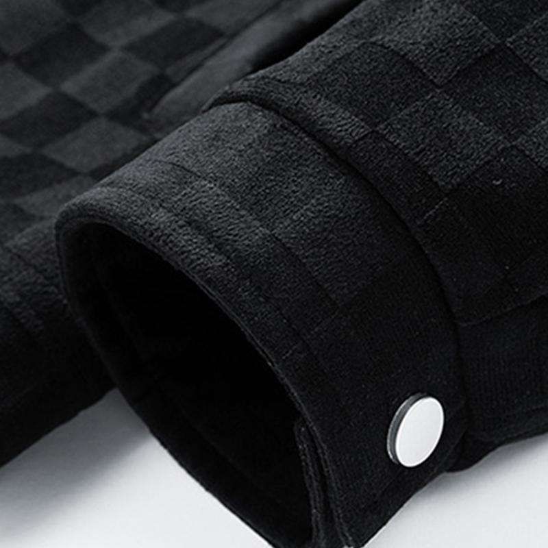 Men's Black Patterned Suede Wool Jacket with Front Flap Pockets and Button Closure, Suitable for Autumn Wear - Fashionable and Practical Top - Aesthetic - Fashion men outfits