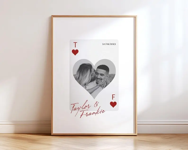 Custom Names Playing Card Photo Print, Personalized Couples Wall Art Poster, Romantic Poker Card Style Artwork, Unique Love Theme Picture Keepsake, Valentine’s Day Gift Decor for Bedroom Living Room Space