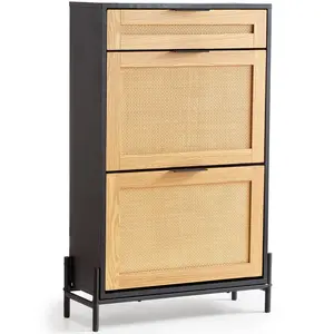 Slim Black Rattan Shoe Cabinet - 2 Flip & 1 Slide Drawer, Metal Legs, Ideal for Entryway, Closet & Hallway