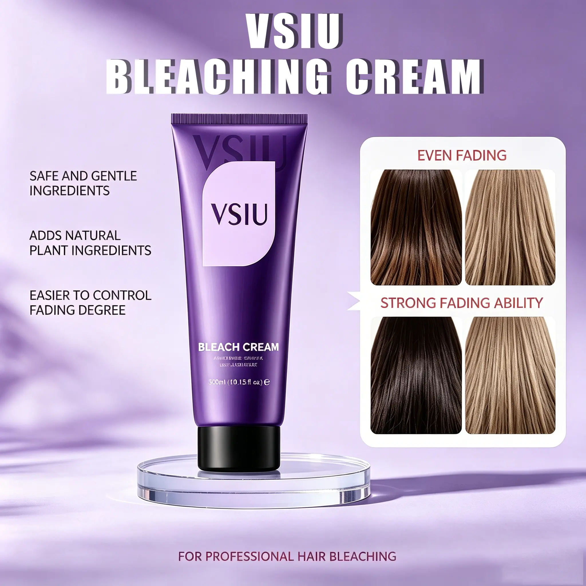 VSIU Hair Bleaching Cream Gently Bleaches And Removes Color Effectively, Making It An Ideal Choice For Achieving Blonde Hair. Suitable For Both Men And Women. 300ML Per Bottle. Designed For Professional Hair Bleaching Professionals Highlight Balayage Gent