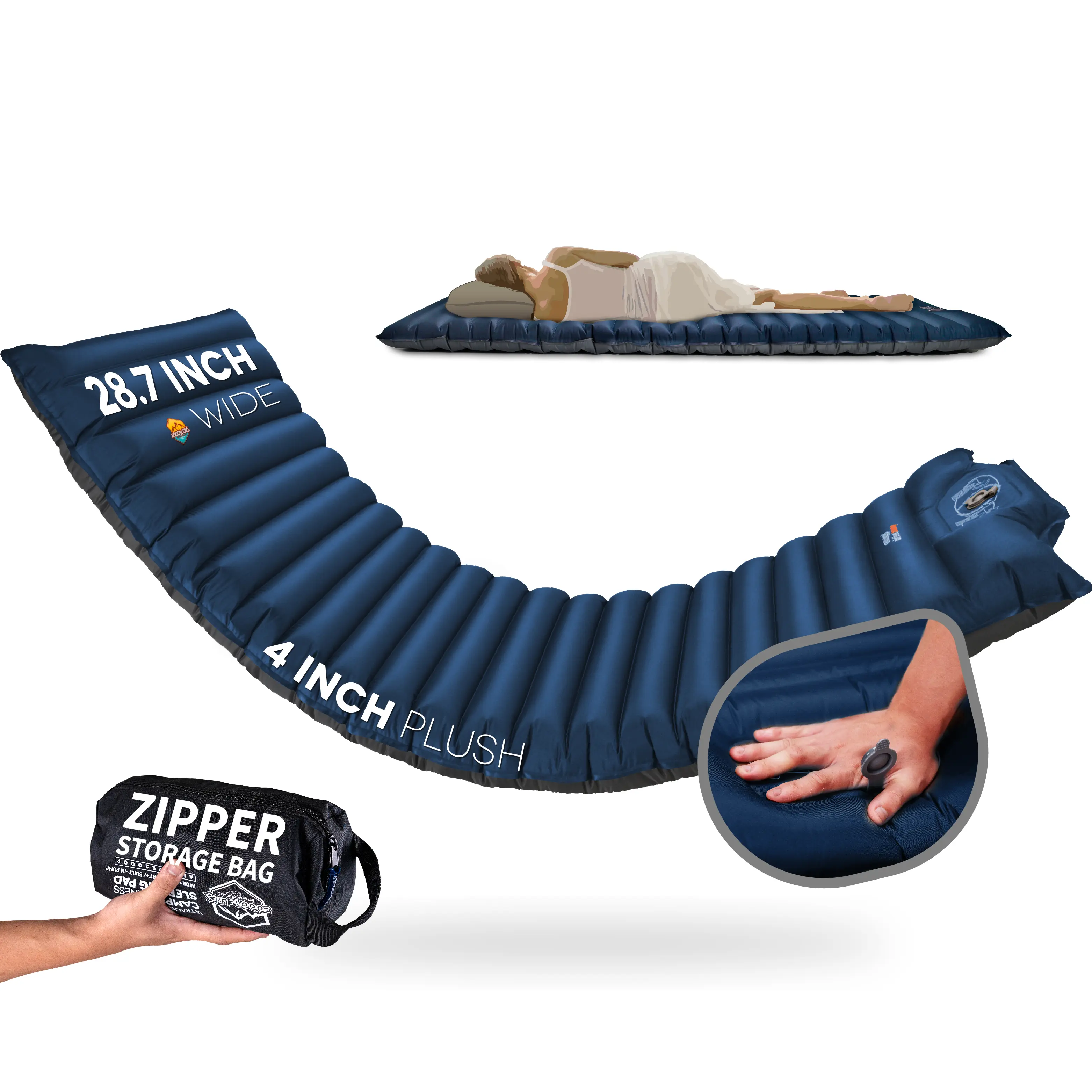 ZOOOBELIVES Inflatable Sleeping Pad, 4" Thick Extra Wide Mattress with Built-in Pump, 4-Season Plush Support Camp Mat for Car Camping and Backpacking, Roomy Sleep, 4-Season Pad, R-Value Of 4